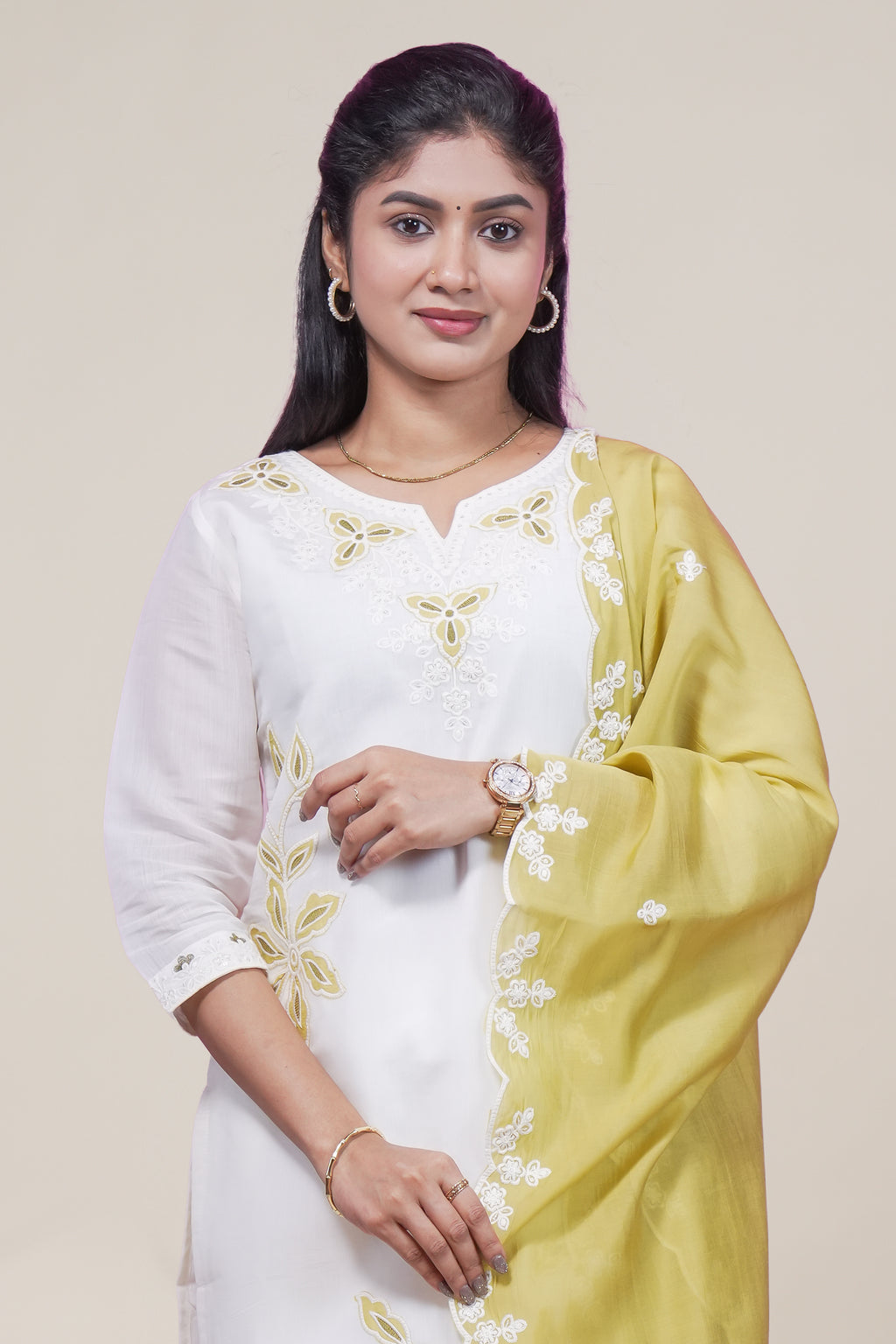 Elegant White and Olive Green Embroidered Kurta Set with Matching Dupatta