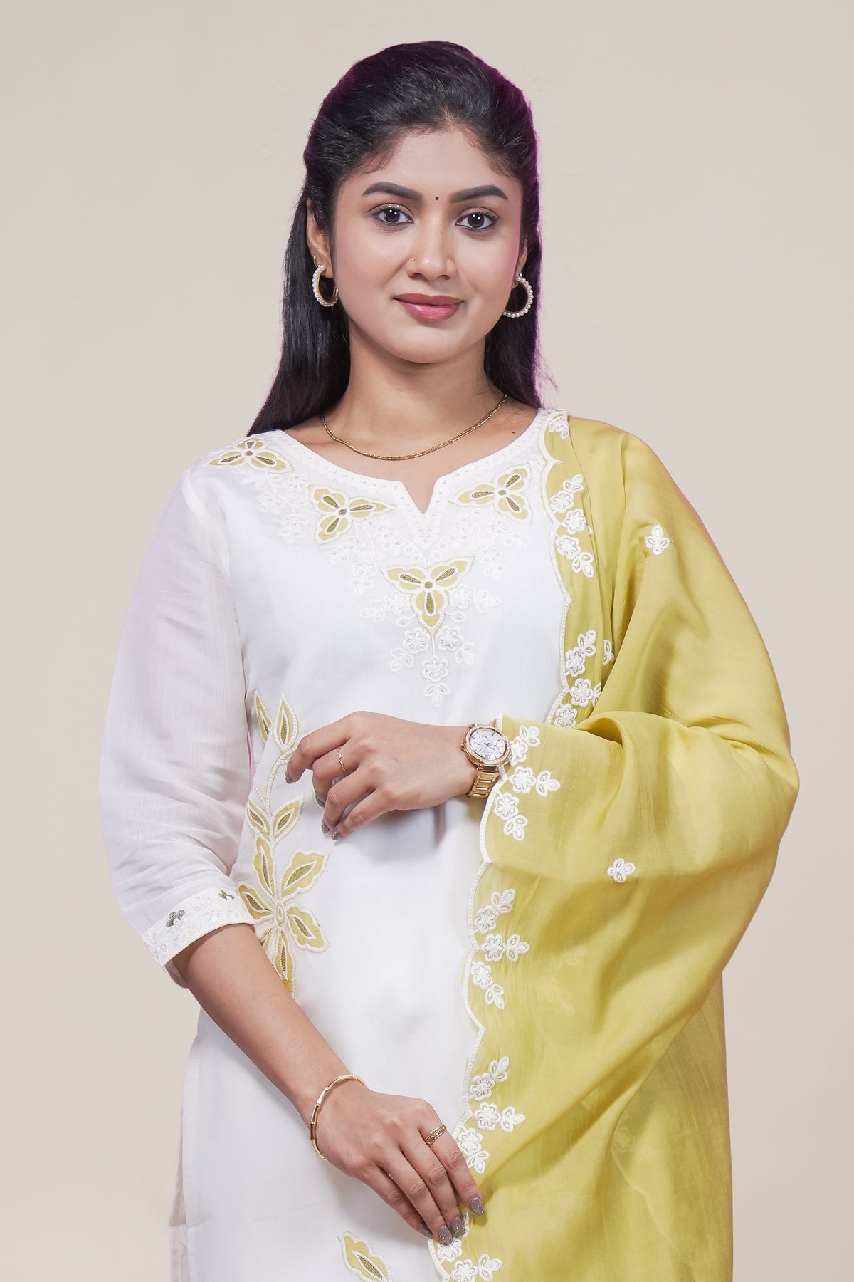 Elegant White and Olive Green Embroidered Kurta Set with Matching Dupatta