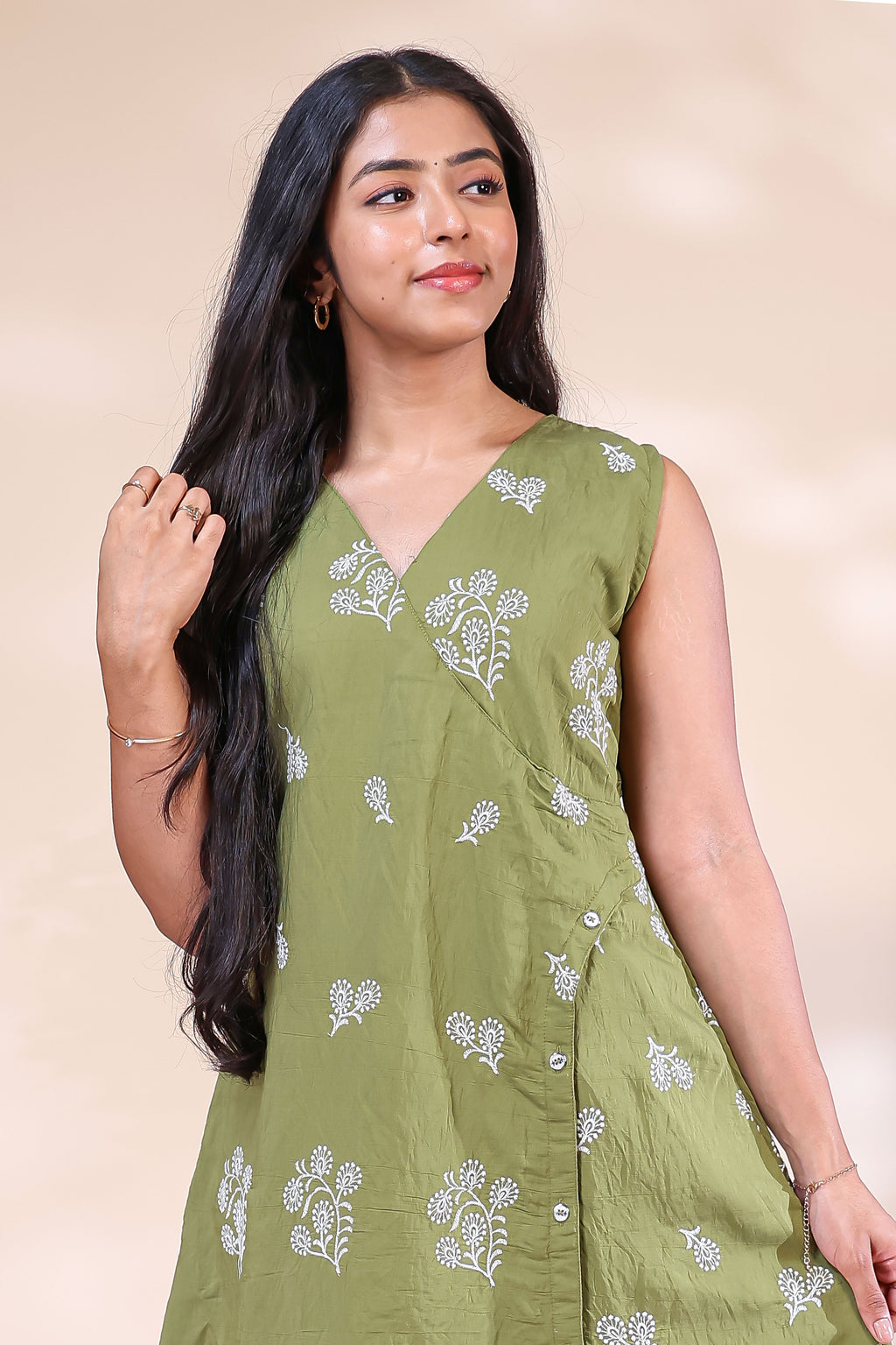 Olive Green Printed Westen wrap style dress