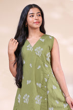 Olive Green Printed Westen wrap style dress