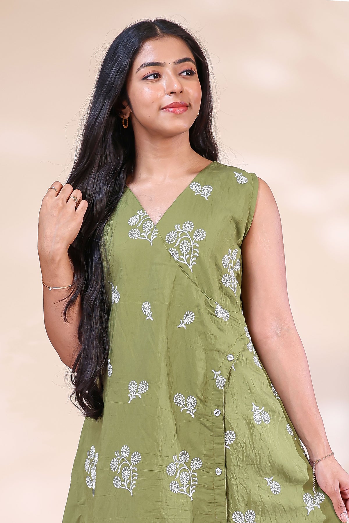 Olive Green Printed Westen wrap style dress