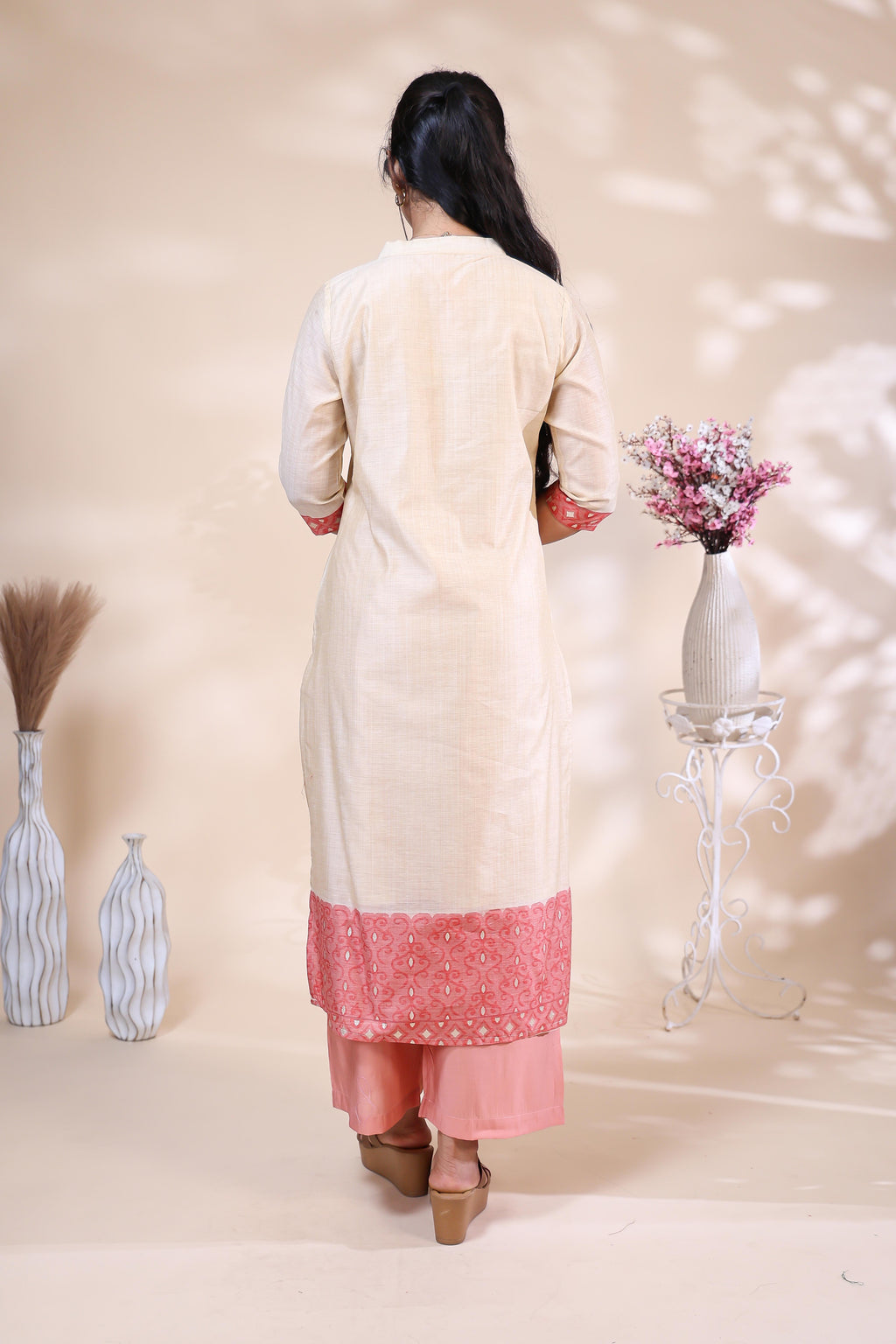 Elegant Off-White & Coral Pink Floral Embroidered Kurta Set with Printed Dupatta