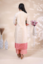 Elegant Off-White & Coral Pink Floral Embroidered Kurta Set with Printed Dupatta