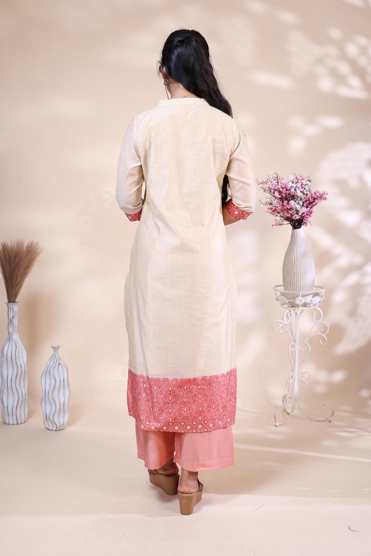 Elegant Off-White & Coral Pink Floral Embroidered Kurta Set with Printed Dupatta