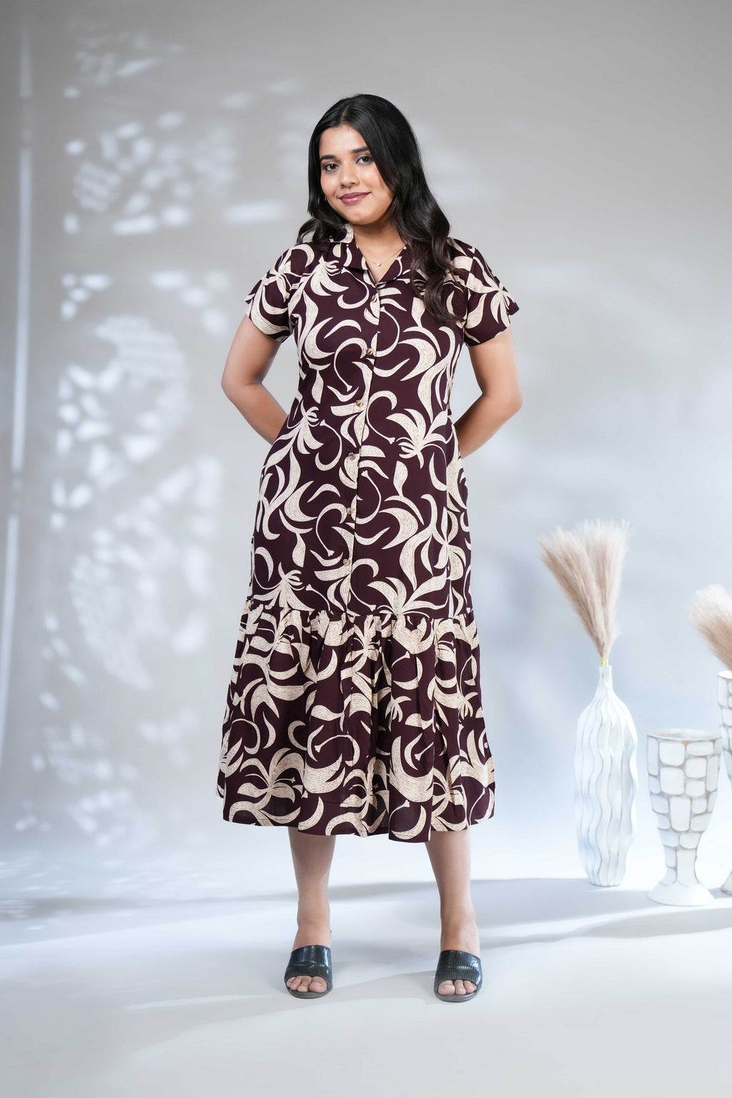Women's Wine Floral Printed Shirt Dress with Ruffled Hem