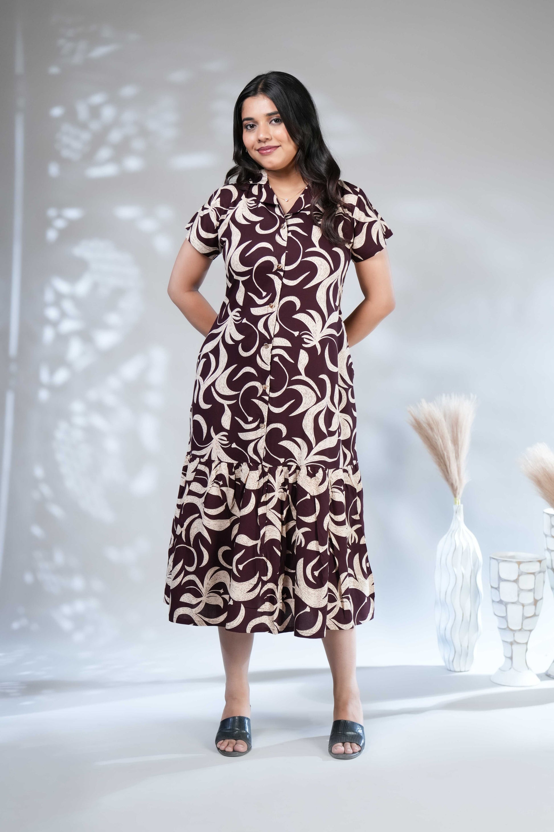 Women's Wine Floral Printed Shirt Dress with Ruffled Hem
