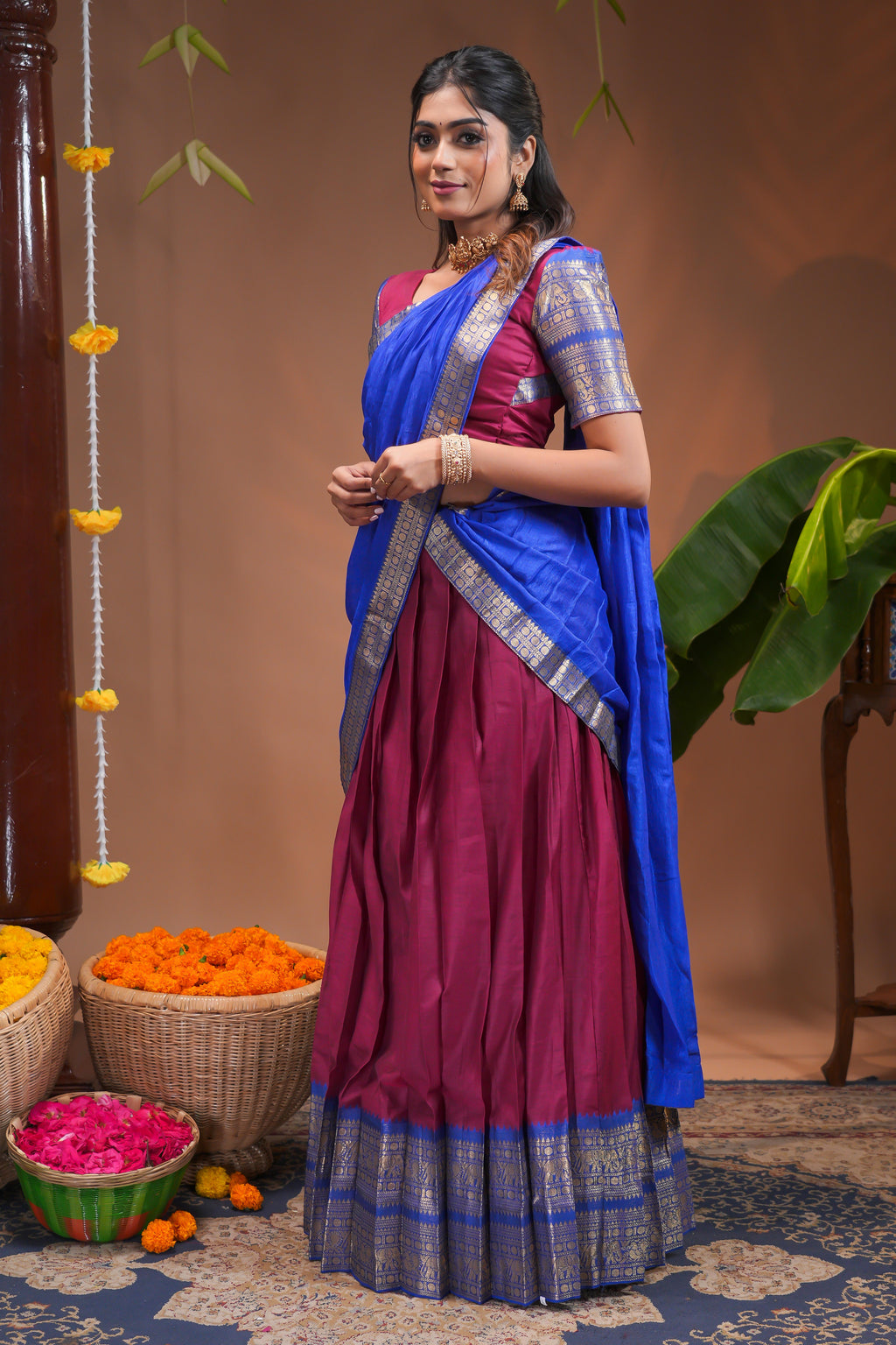Royal Blue and Maroon Traditional Half Saree with Zari Border