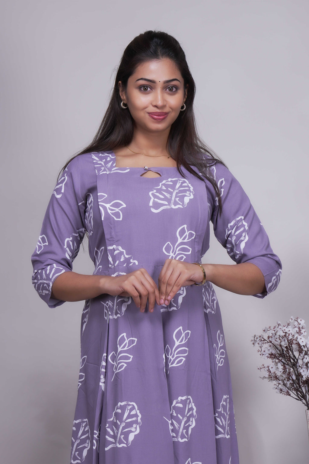 Lavender Leaf Print A-Line Dress with Keyhole Neck