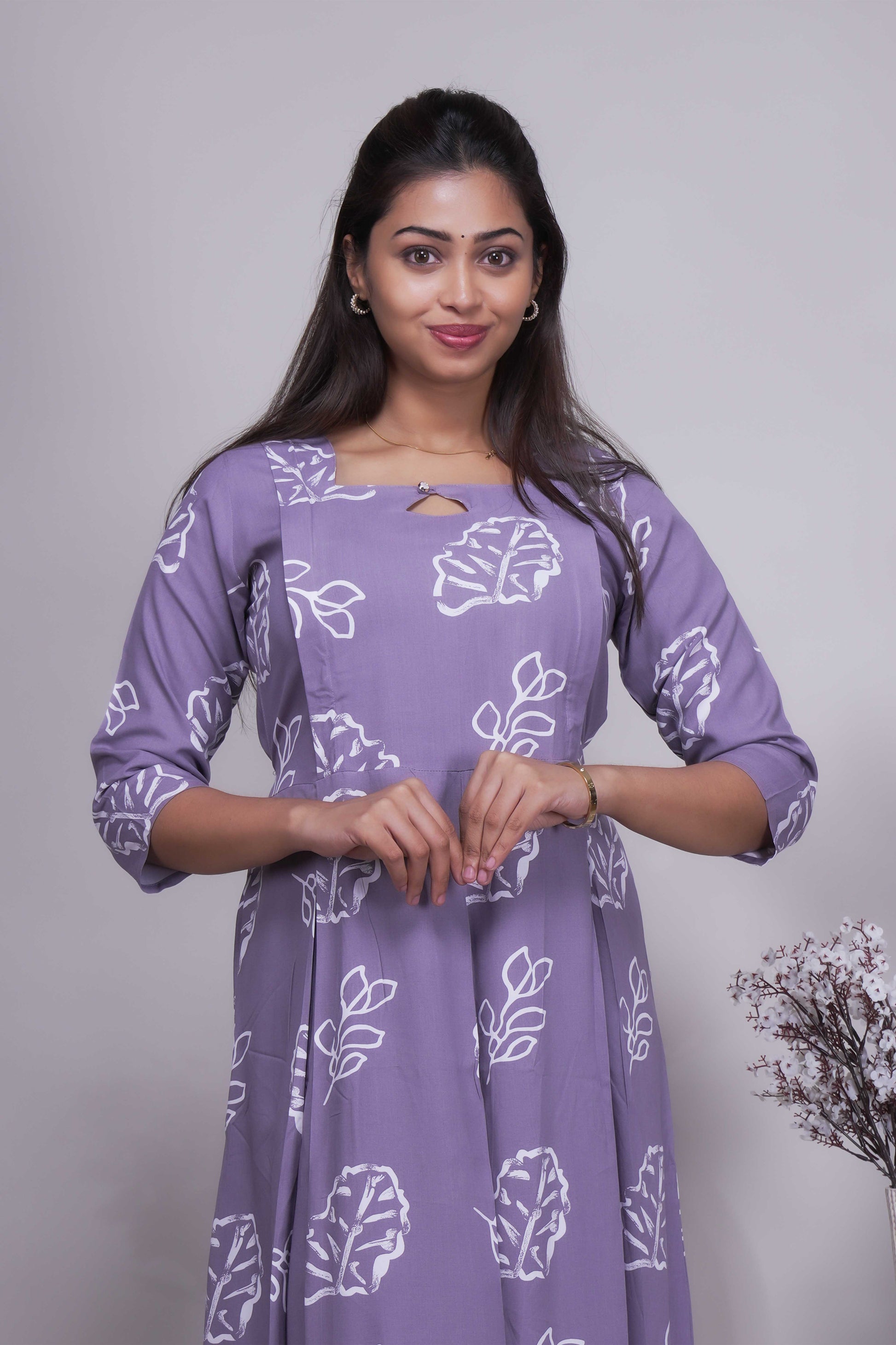 Lavender Leaf Print A-Line Dress with Keyhole Neck