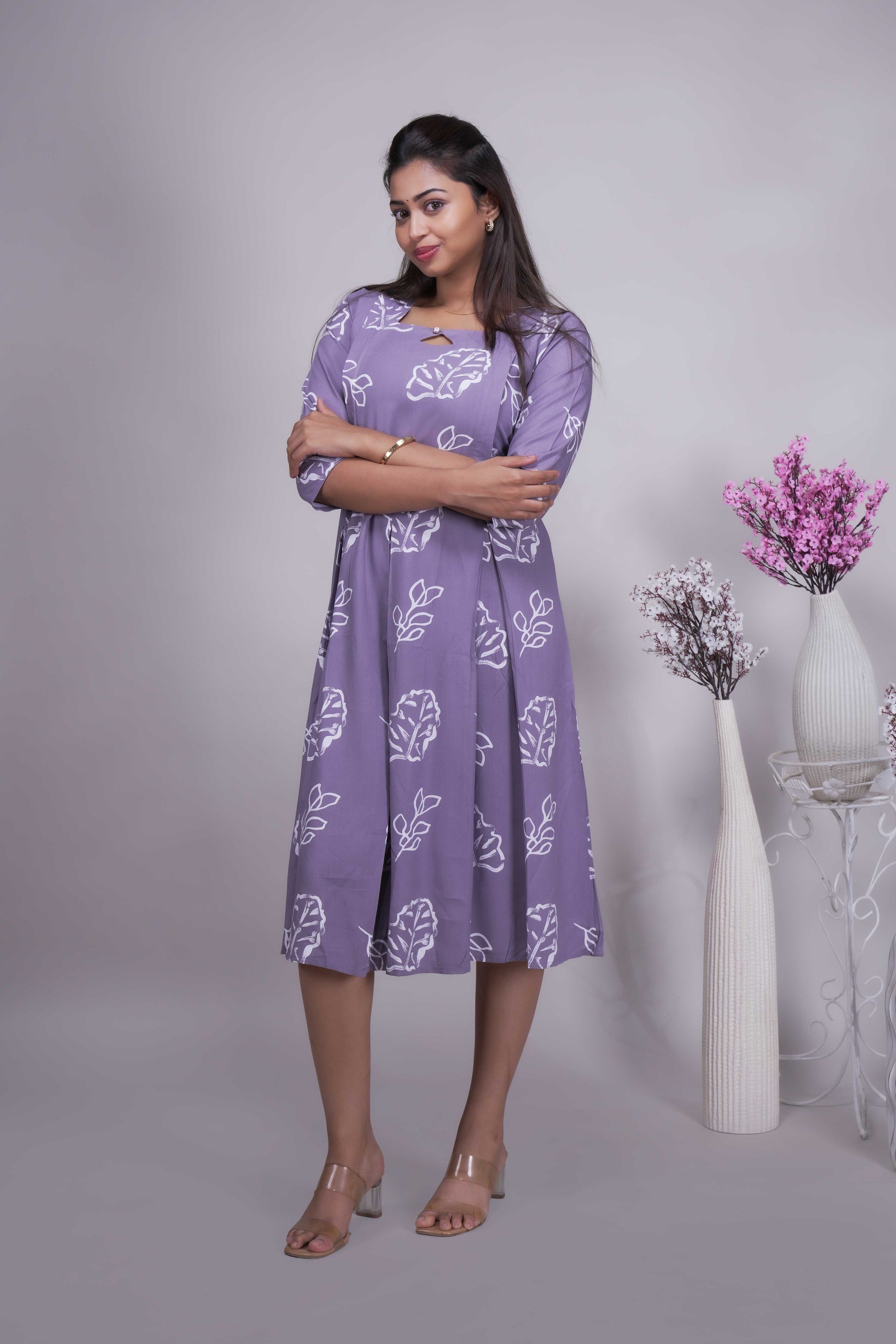 Lavender Leaf Print A-Line Dress with Keyhole Neck