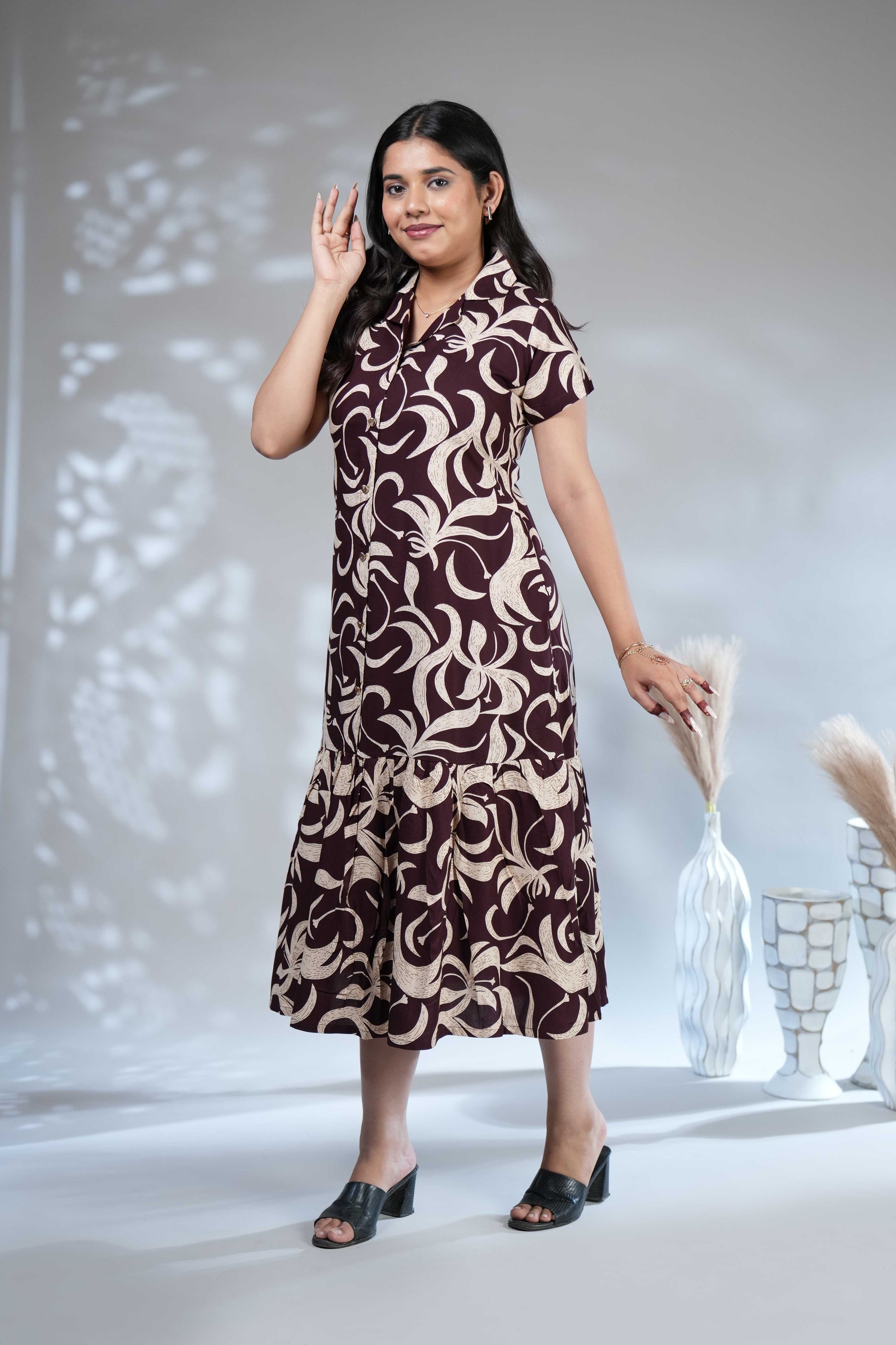 Women's Wine Floral Printed Shirt Dress with Ruffled Hem