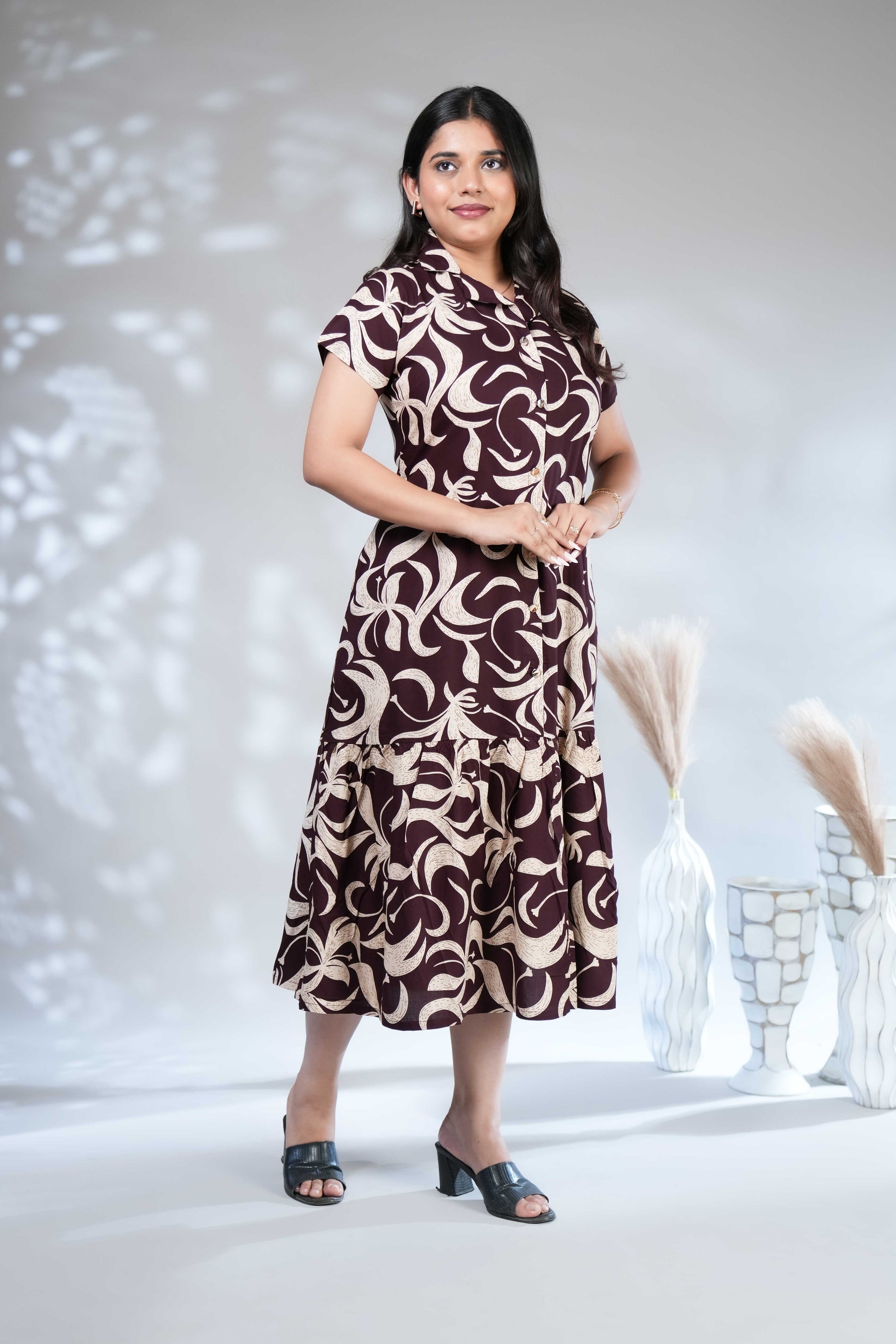 Women's Wine Floral Printed Shirt Dress with Ruffled Hem