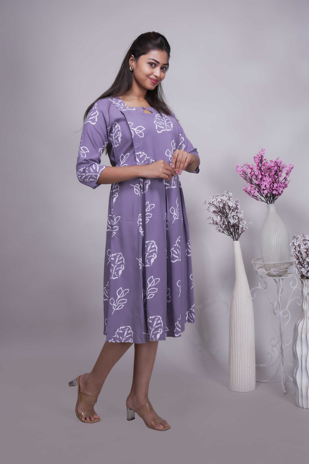 Lavender Leaf Print A-Line Dress with Keyhole Neck