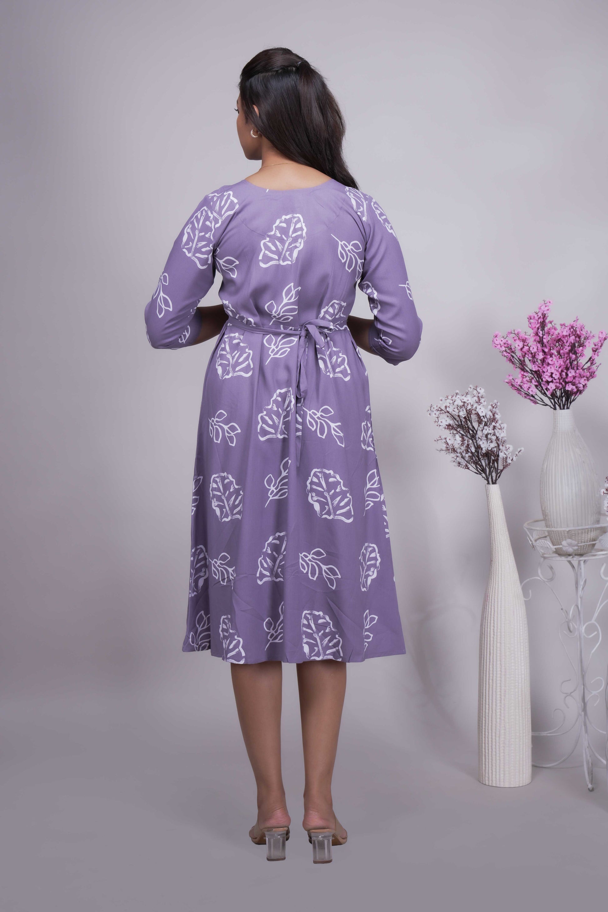 Lavender Leaf Print A-Line Dress with Keyhole Neck