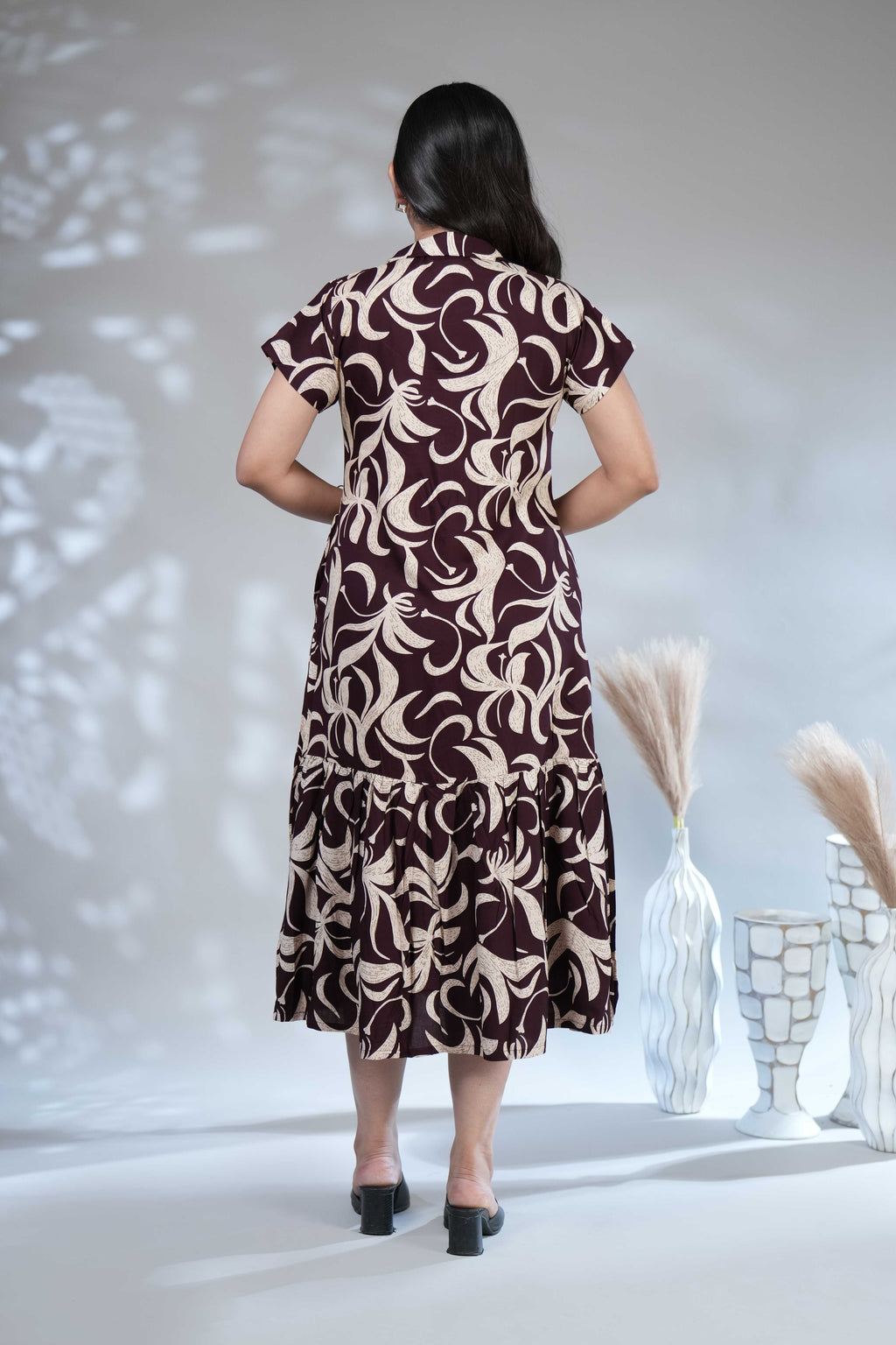Women's Wine Floral Printed Shirt Dress with Ruffled Hem