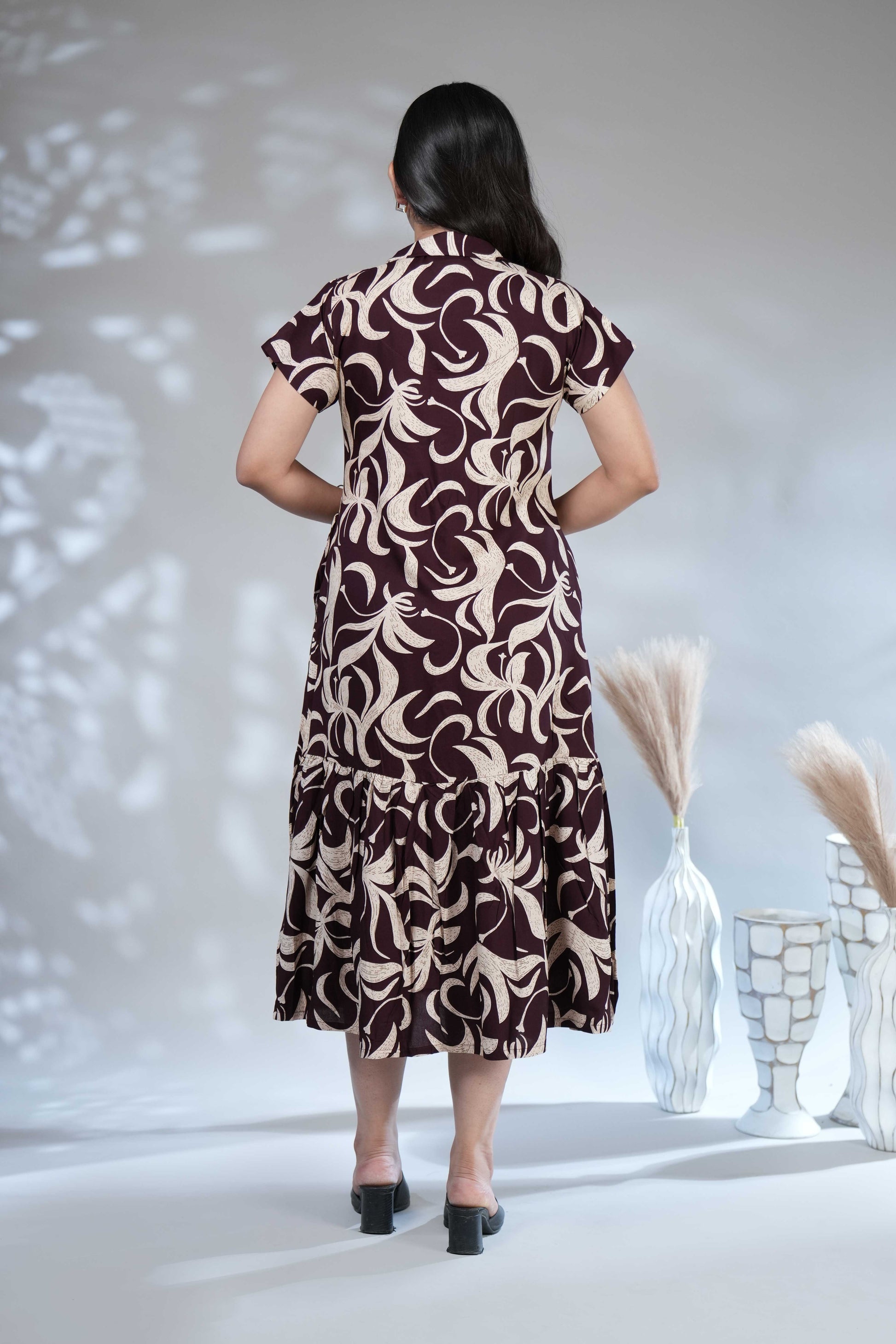 Women's Wine Floral Printed Shirt Dress with Ruffled Hem