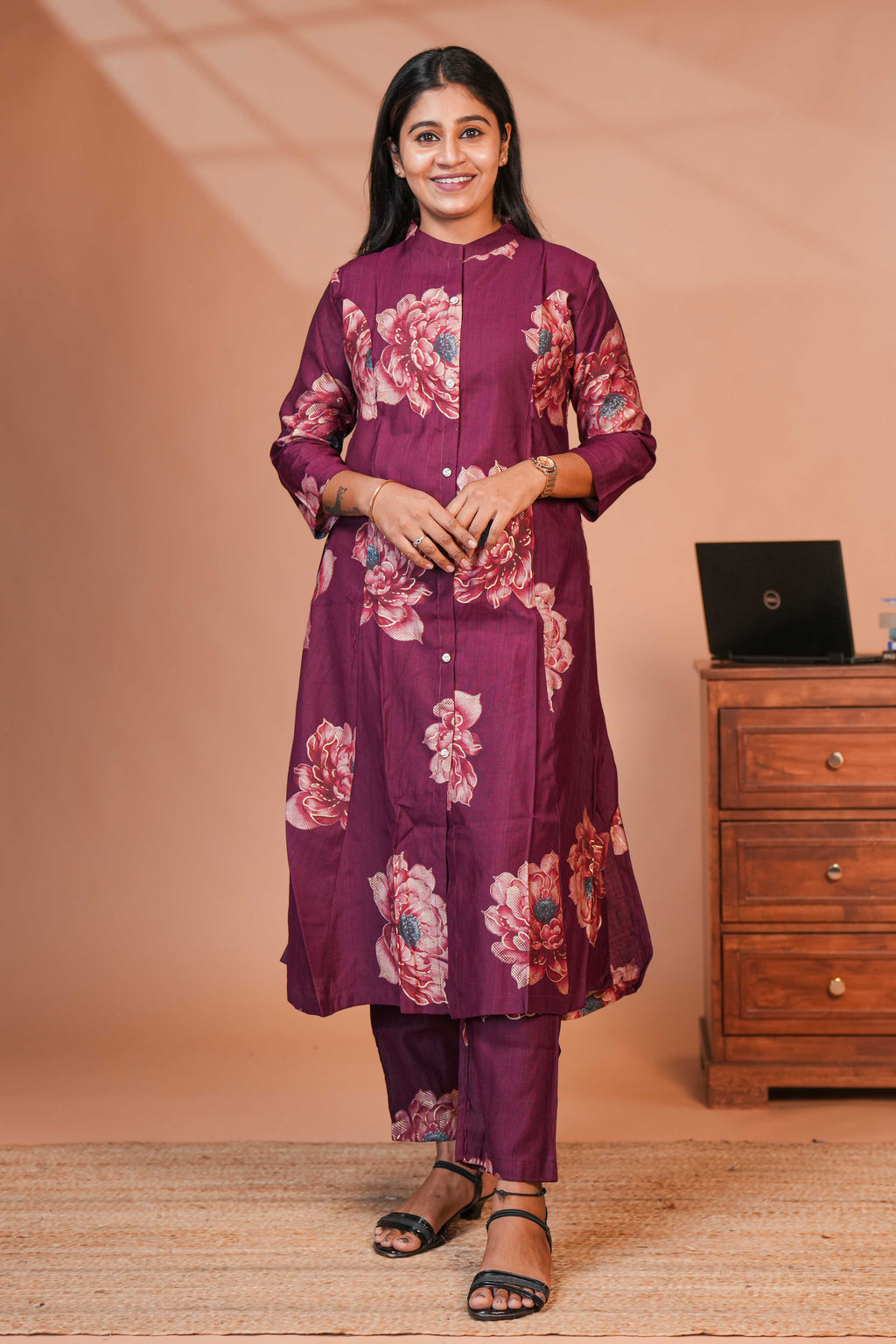 Straight-Cut Kurta With Coordinated Pants Rice wine Deep maroon Purple Floral Print Kurta Set