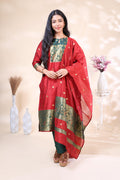 Red and Dark Green Banarasi Silk Festive 3 Piece Set with Matching Dupatta