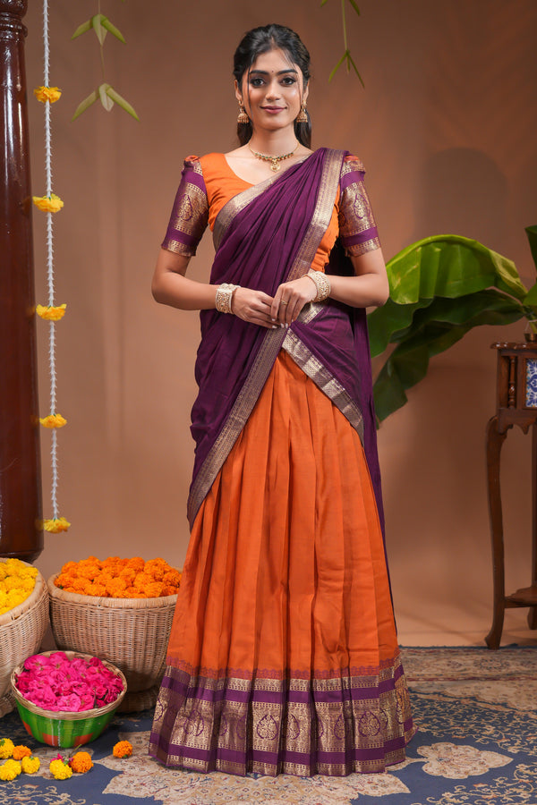 Traditional Orange and Deep Purple Silk Half Saree Set with Zari Woven Borders