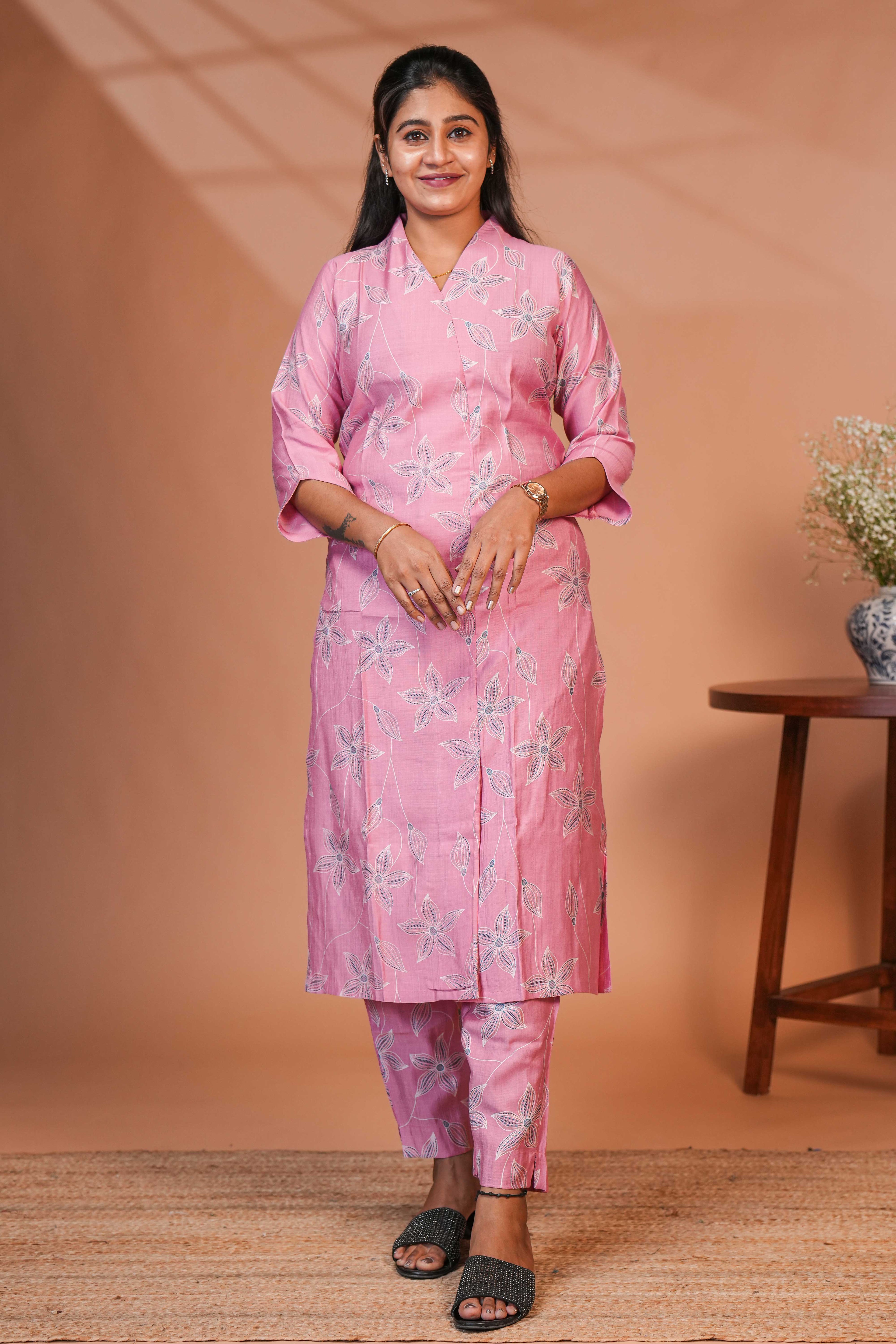 A Longline Shirt-Style Kurta Deep Magenta Pink Botanical design Kurti