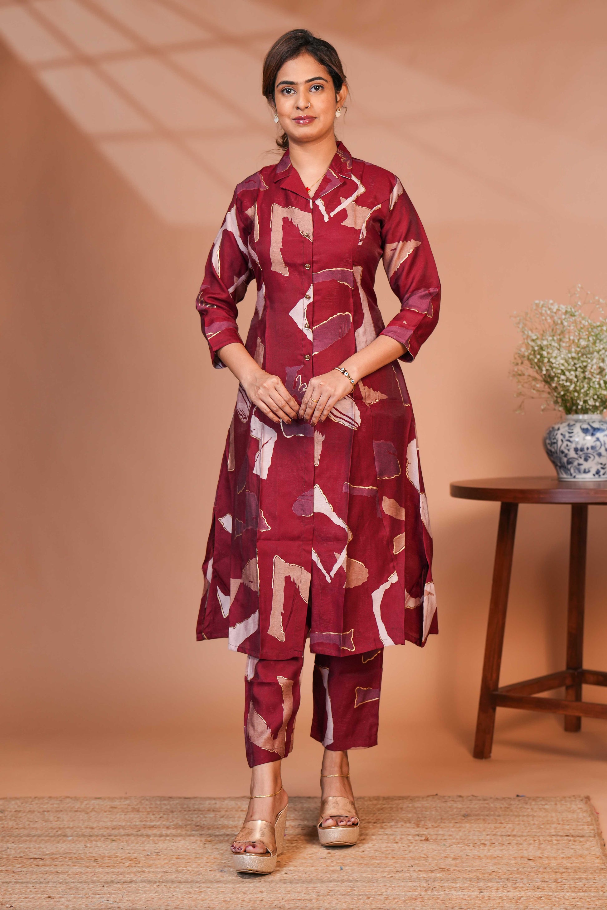 A Co-Ord Kurta Set In a Deep Wine/ Maroon  Base Set
