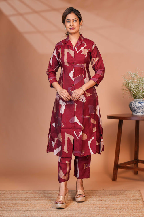 A Co-Ord Kurta Set In a Deep Wine/ Maroon  Base Set