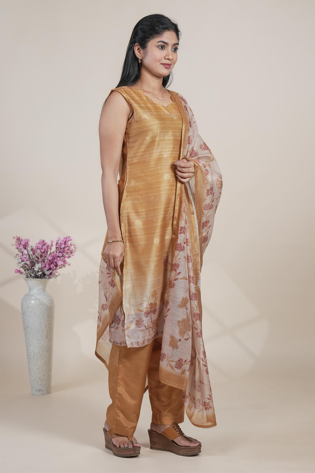 Elegant Mustard Chanderi Silk Blend Set with Floral Print Dupatta