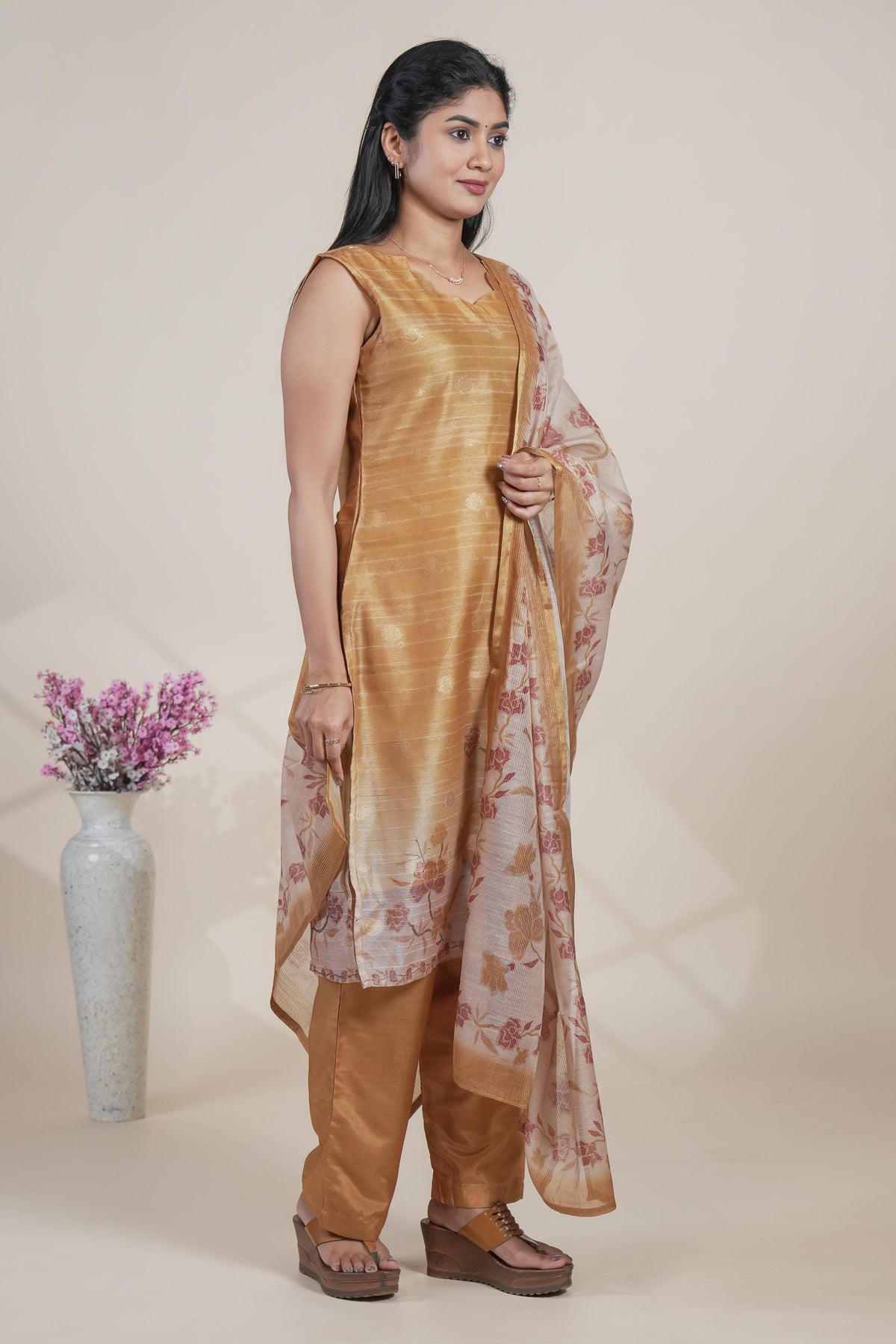 Elegant Mustard Chanderi Silk Blend Set with Floral Print Dupatta