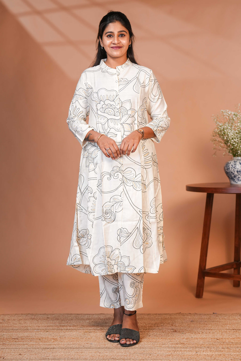 A longline Shirt-Style Kurta Rustic Botanical Kurti