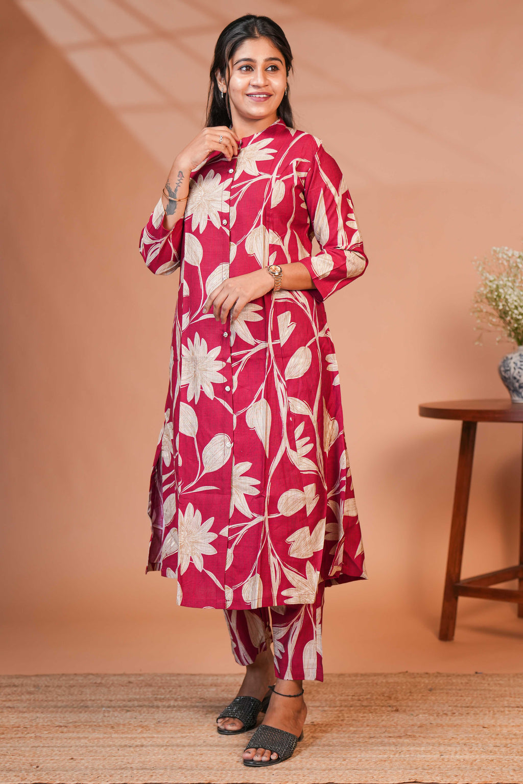 This Two-Piece Ethnic Dark Pink Flower Design  Co-Ord Set Aline Tops