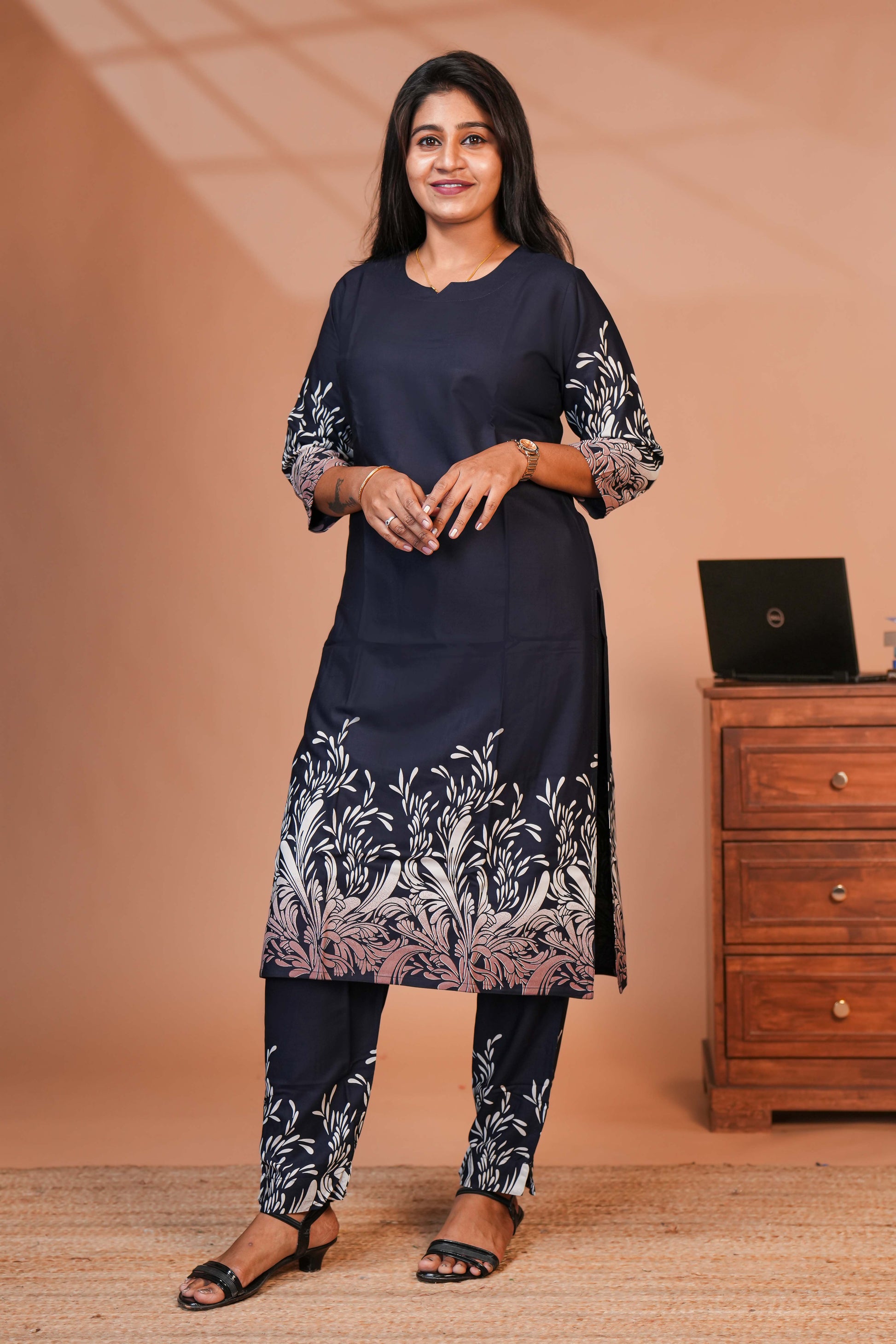 Two-Piece Co-ord Set Designed Deep Navy Blue Base Colour