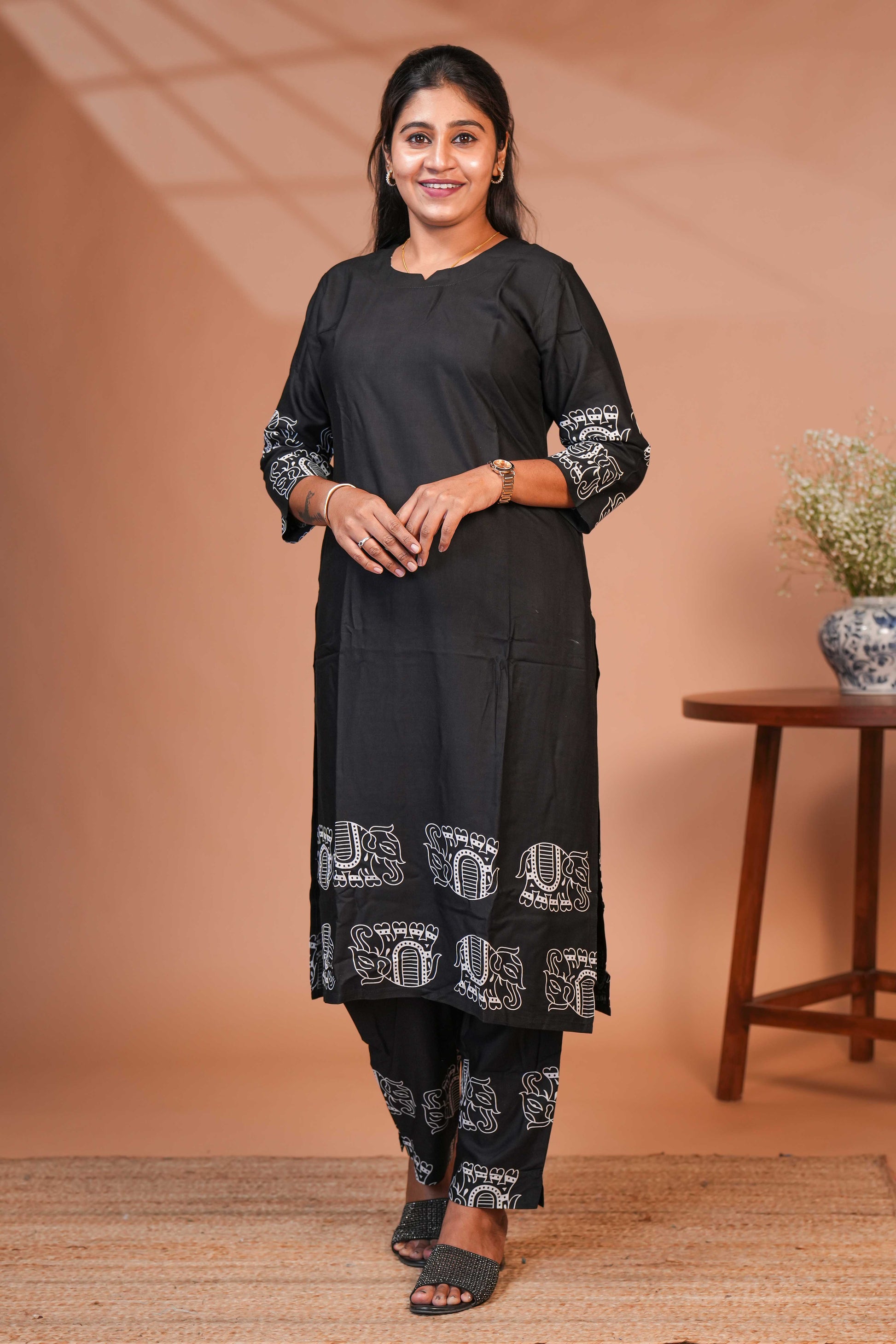 Black Co- Ord set With Ethnic Elephant Motifs