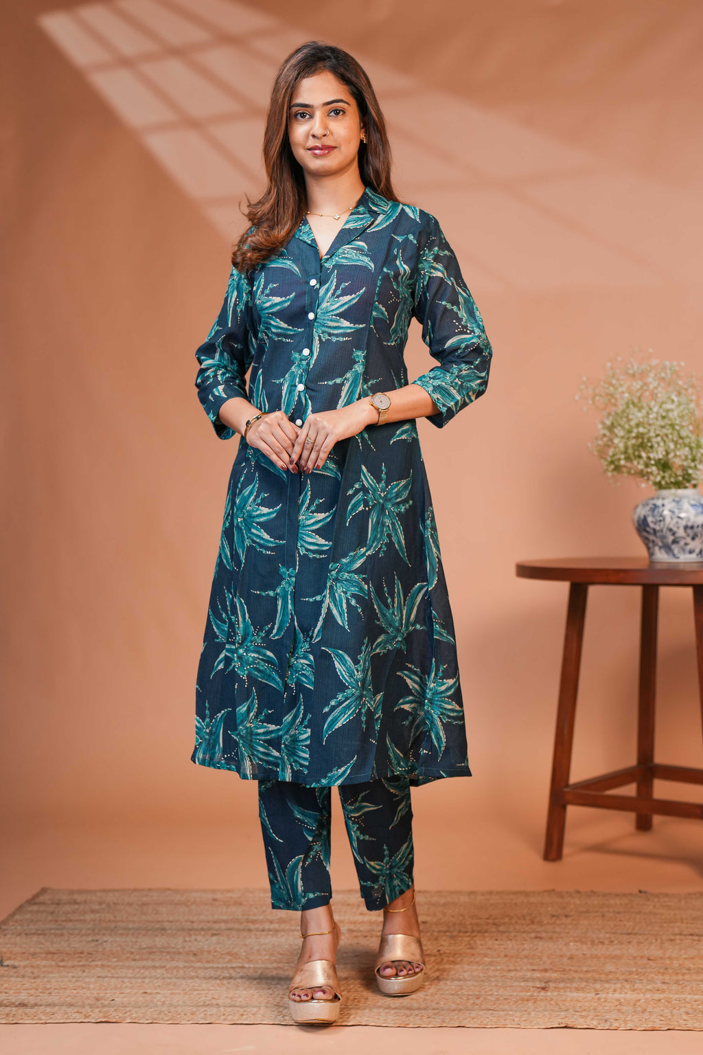 Beige Base With Dark Blue Blossom Design Flower Abstract Print