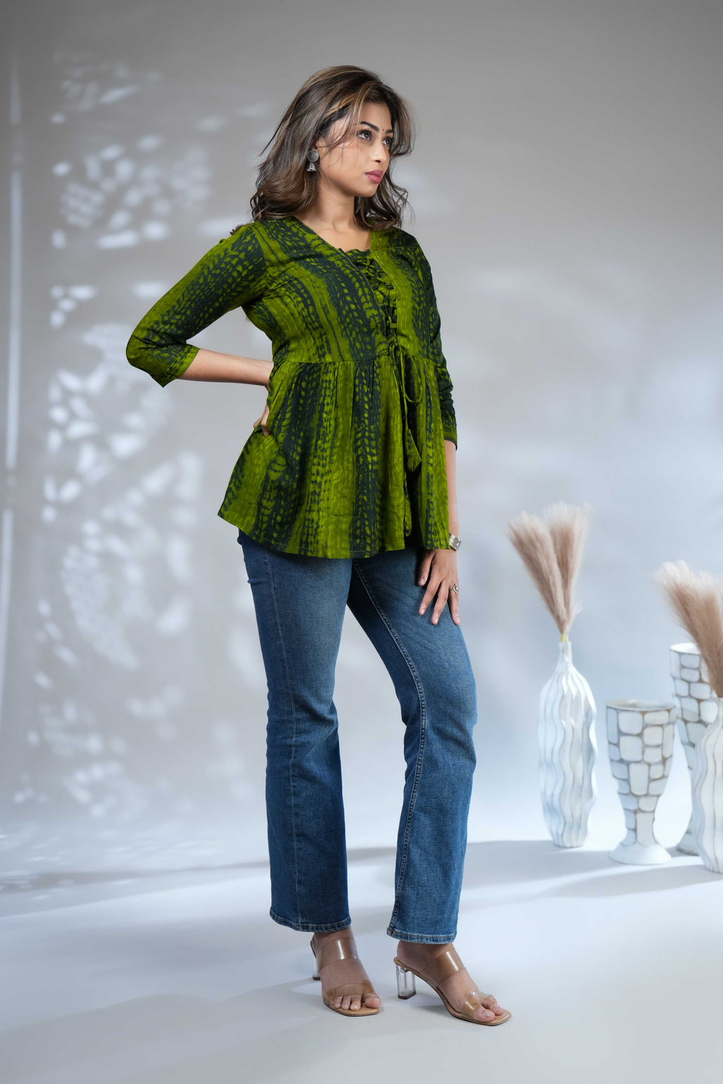 Women's Shibori Printed Olive Green Peplum short Top