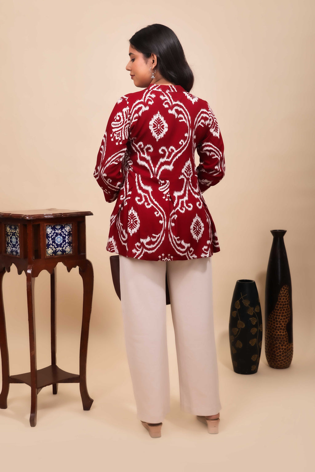 Elegant Maroon Ikat Print Fusion Tunic
