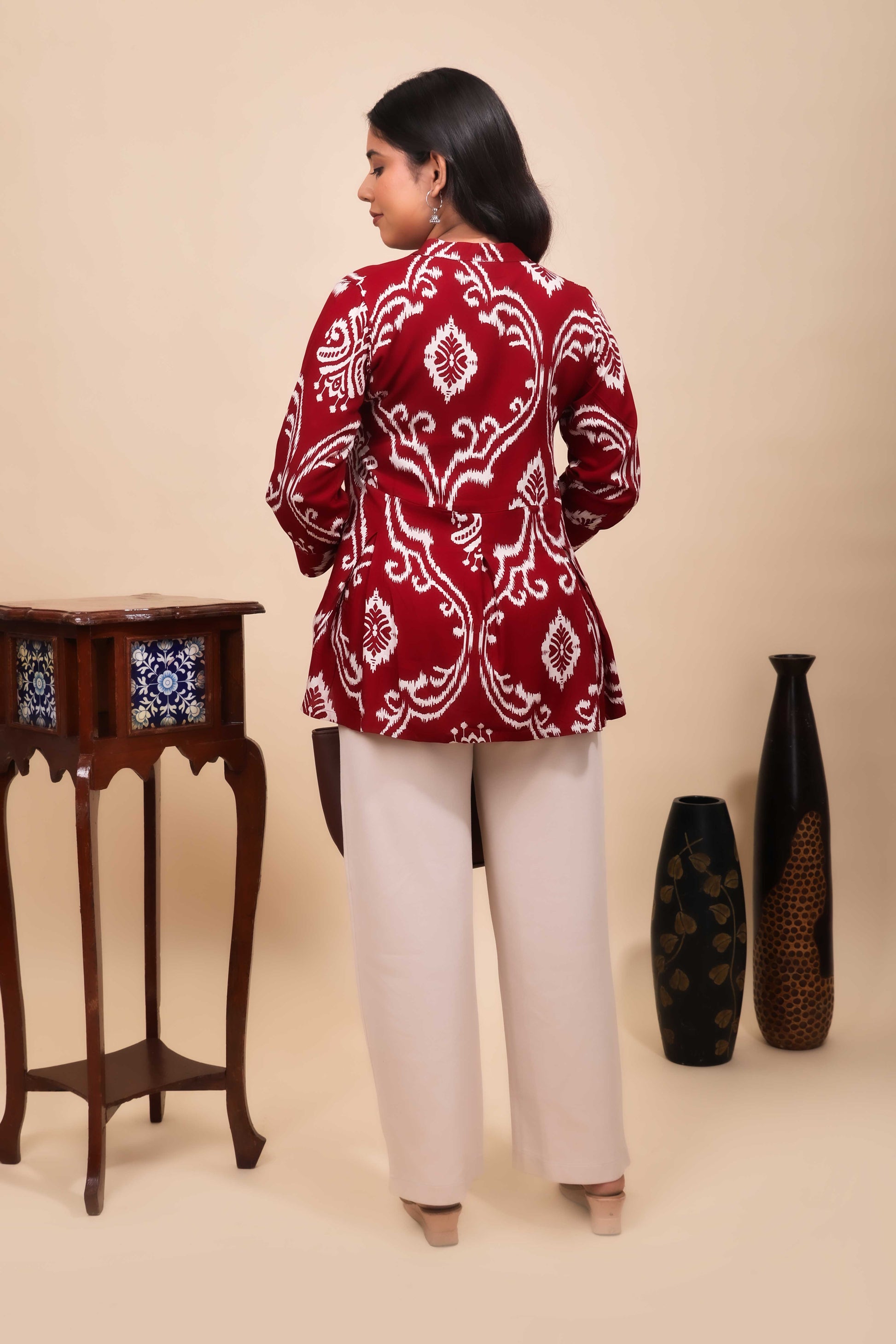 Elegant Maroon Ikat Print Fusion Tunic