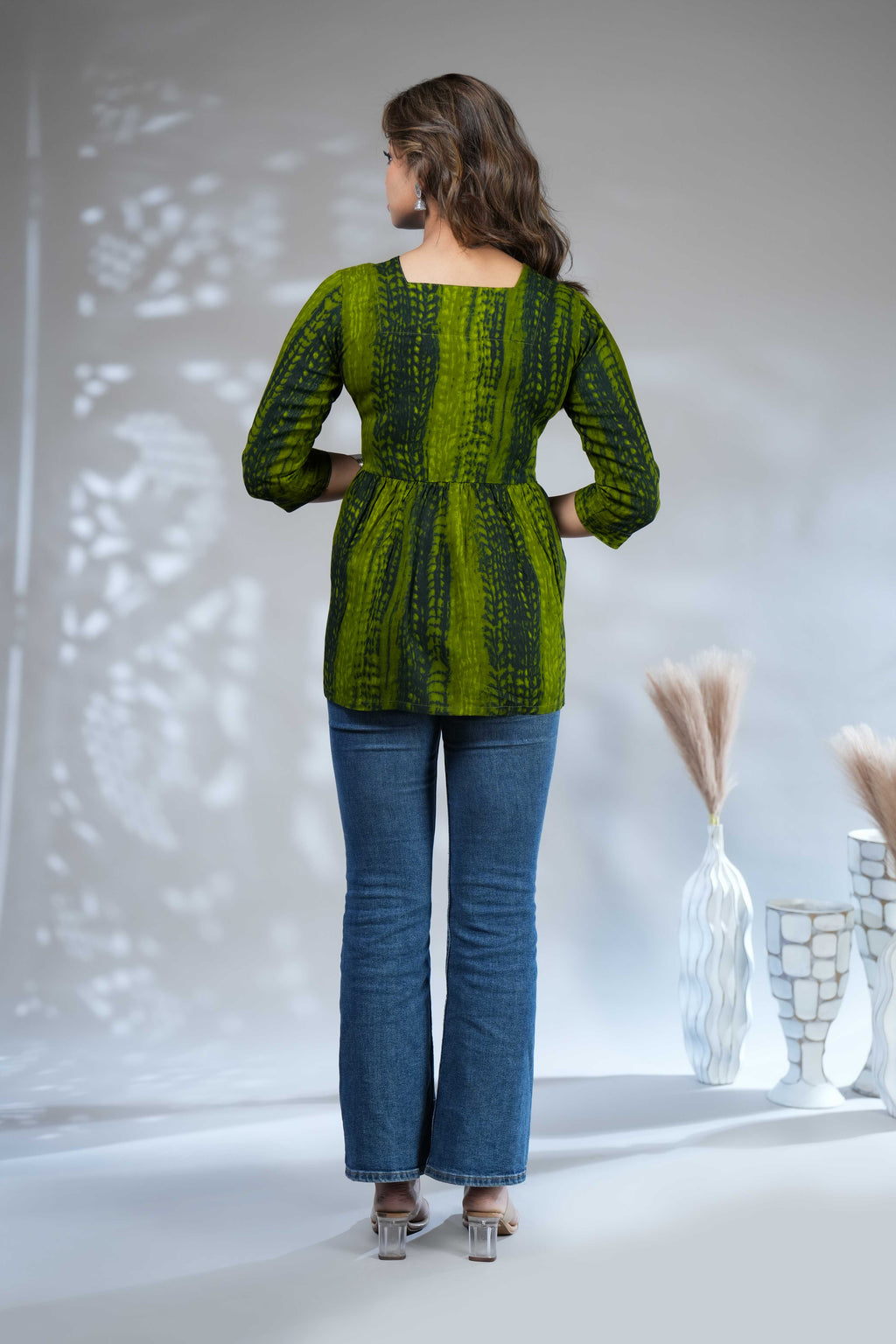 Women's Shibori Printed Olive Green Peplum short Top