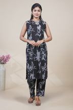 Black and Grey Floral Print Sleeveless Kurta with Matching Pants Set