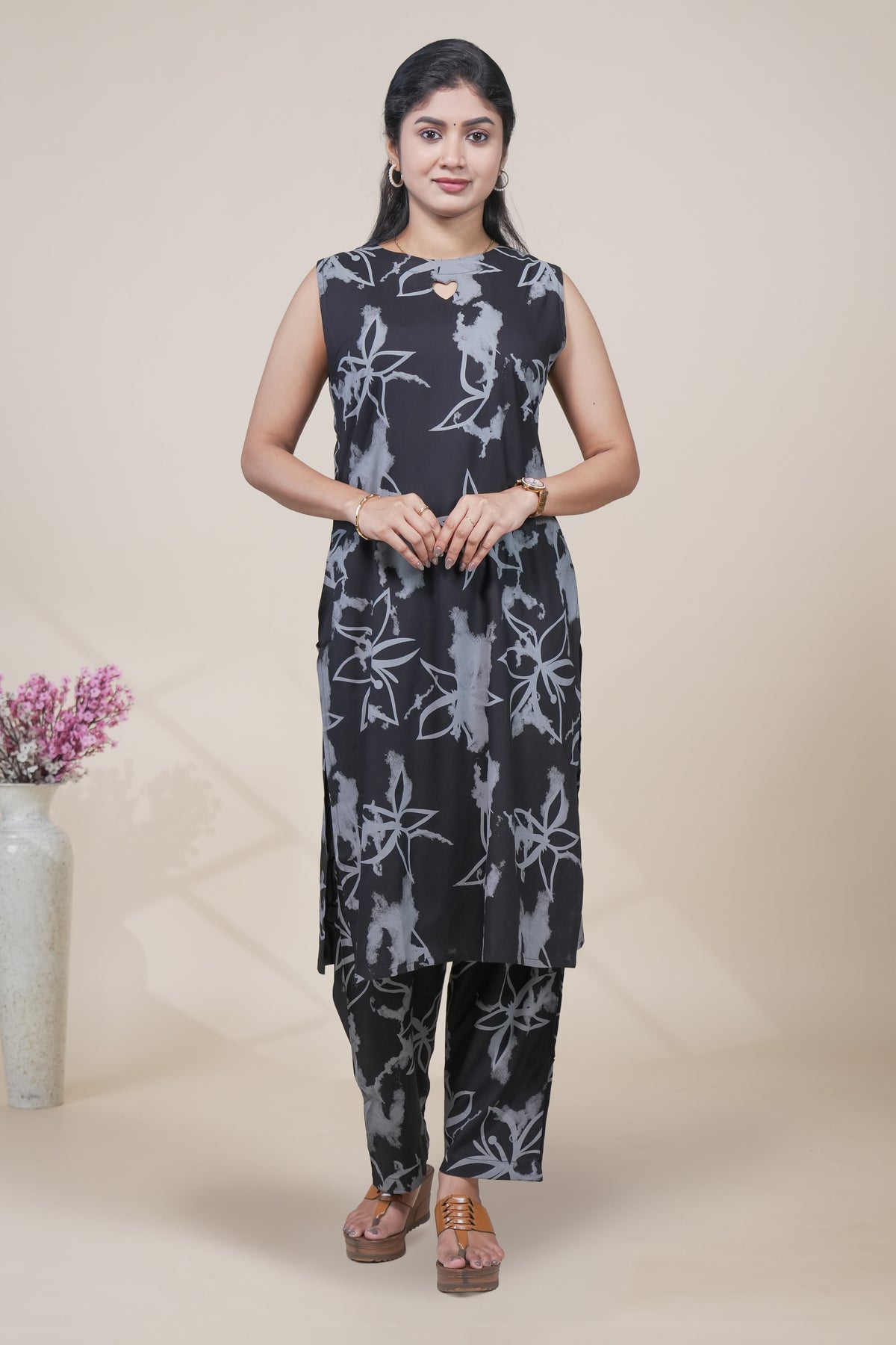 Black and Grey Floral Print Sleeveless Kurta with Matching Pants Set
