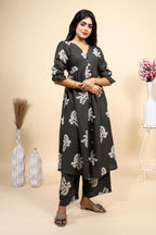 Charcoal Grey Printed Flared Kurta with Palazzo Pants Set