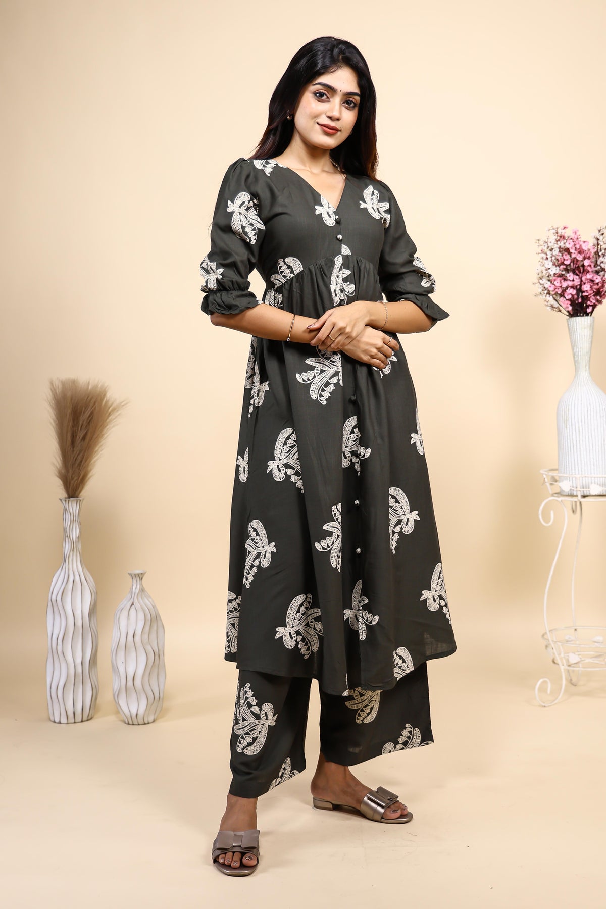 Charcoal Grey Printed Flared Kurta with Palazzo Pants Set