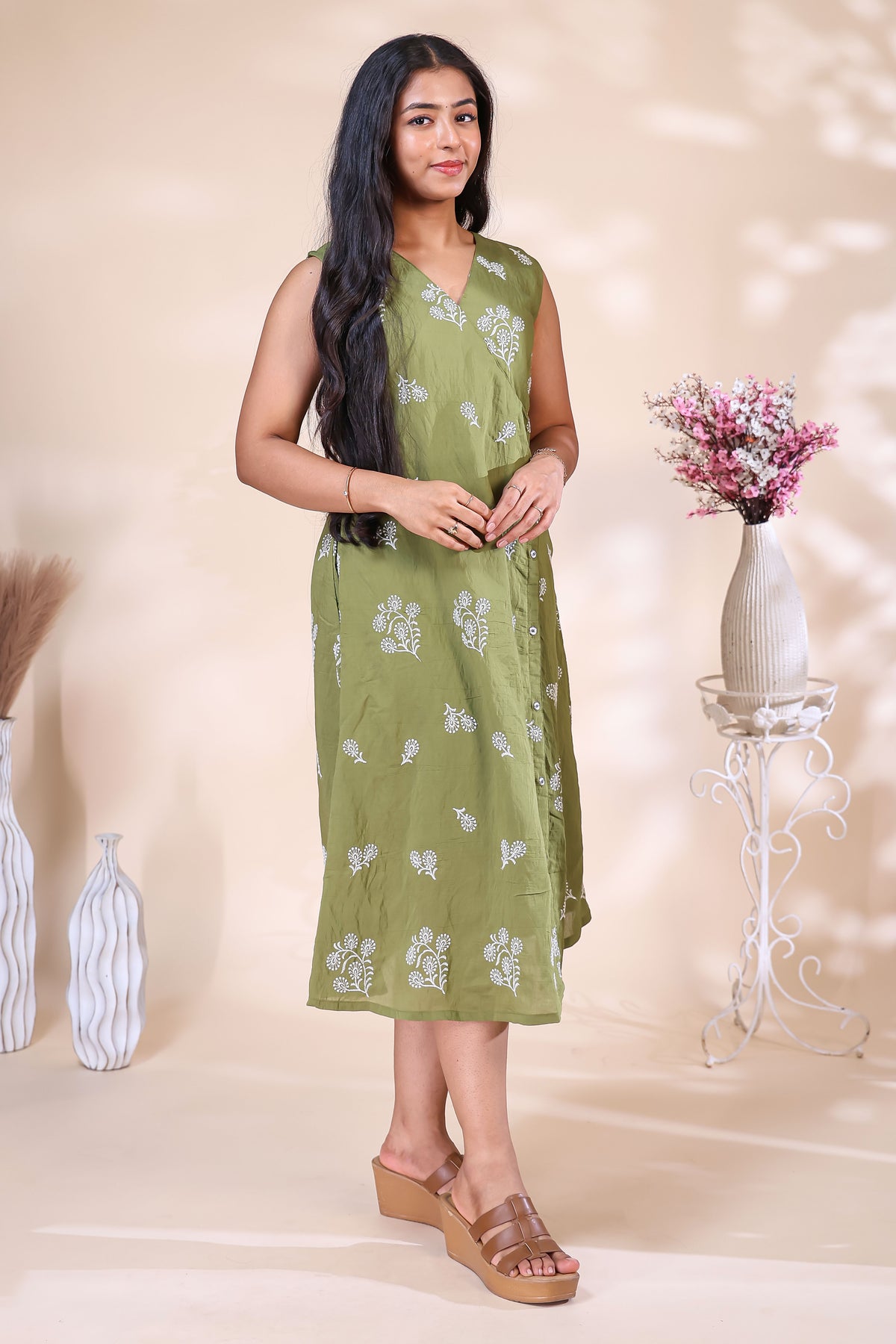 Olive Green Printed Westen wrap style dress