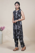 Black and Grey Floral Print Sleeveless Kurta with Matching Pants Set