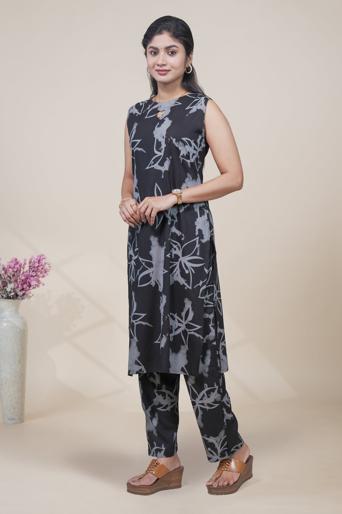Black and Grey Floral Print Sleeveless Kurta with Matching Pants Set