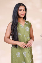 Olive Green Printed Westen wrap style dress