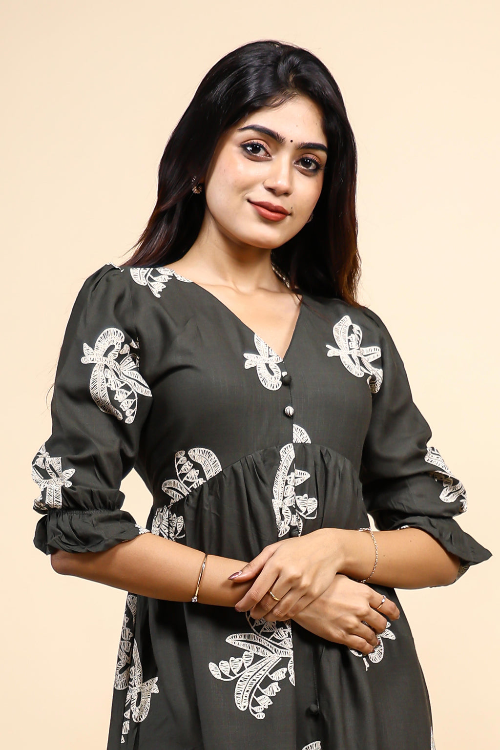 Charcoal Grey Printed Flared Kurta with Palazzo Pants Set