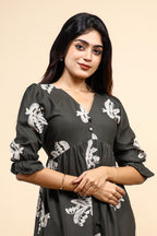 Charcoal Grey Printed Flared Kurta with Palazzo Pants Set
