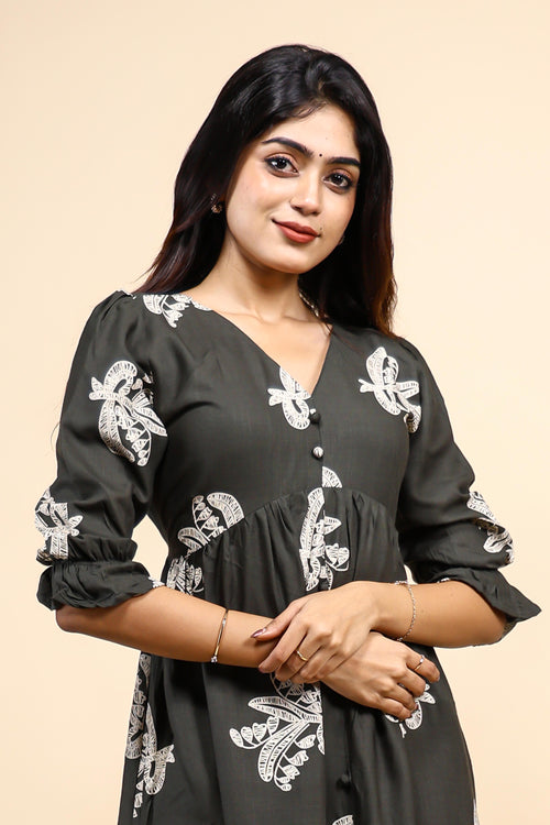 Charcoal Grey Printed Flared Kurta with Palazzo Pants Set