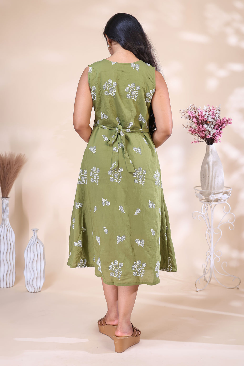 Olive Green Printed Westen wrap style dress