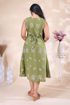 Olive Green Printed Westen wrap style dress